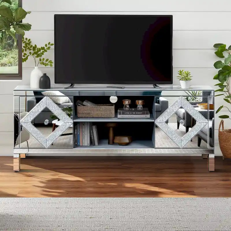 59 TV Stand with Diamond-Shaped Mirror Doors and Storage for TVs Up to 65