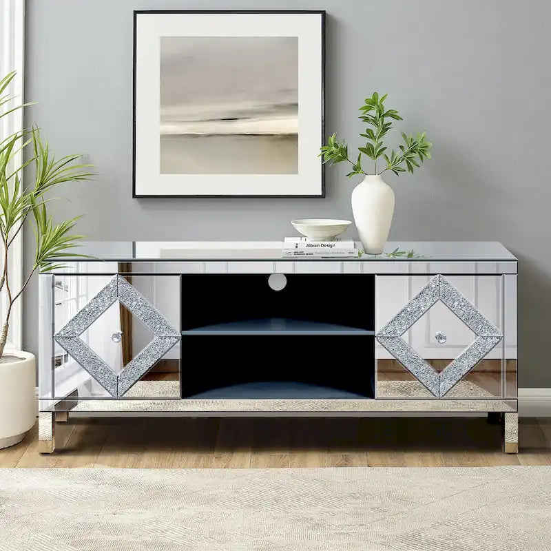 59 TV Stand with Diamond-Shaped Mirror Doors and Storage for TVs Up to 65