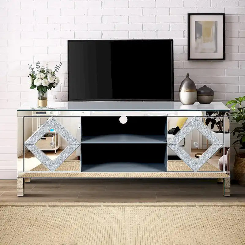 59 TV Stand with Diamond-Shaped Mirror Doors and Storage for TVs Up to 65
