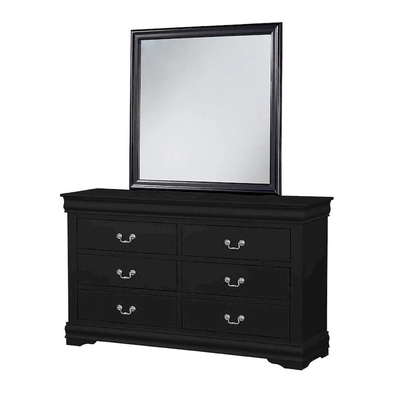 Four Piece Queen Size Bedroom Set, Antique Nickel Metal Handles, Black