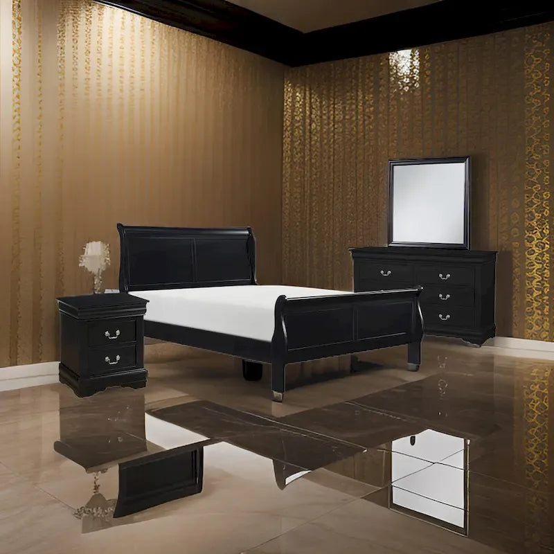Four Piece Queen Size Bedroom Set, Antique Nickel Metal Handles, Black