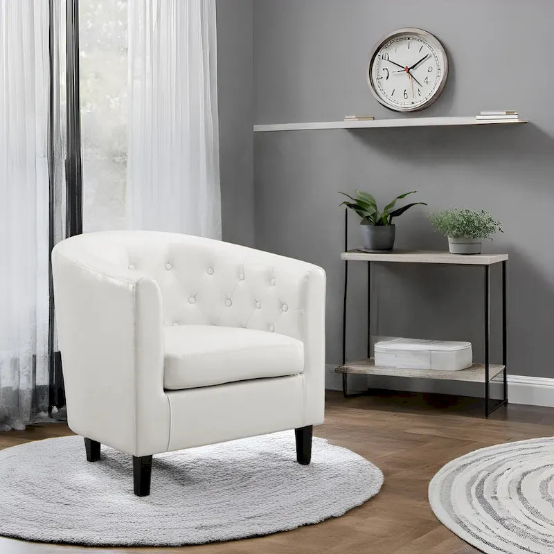 Accent Chair, Button Tufted Faux Leather Barrel Chair, Midcentury Modern Accent Chair, Comfy Armchair, Tub Barrel Chairs