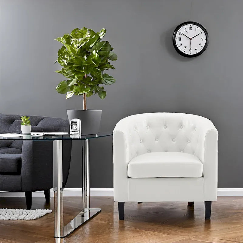 Accent Chair, Button Tufted Faux Leather Barrel Chair, Midcentury Modern Accent Chair, Comfy Armchair, Tub Barrel Chairs