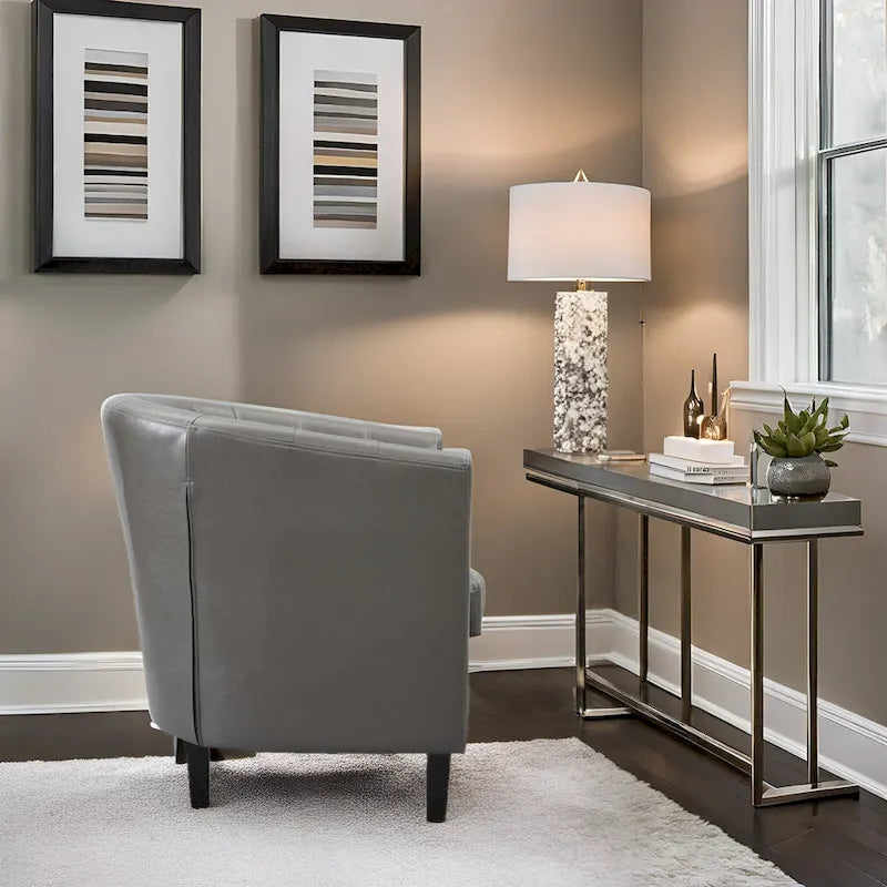 Accent Chair, Button Tufted Faux Leather Barrel Chair, Midcentury Modern Accent Chair, Comfy Armchair, Tub Barrel Chairs