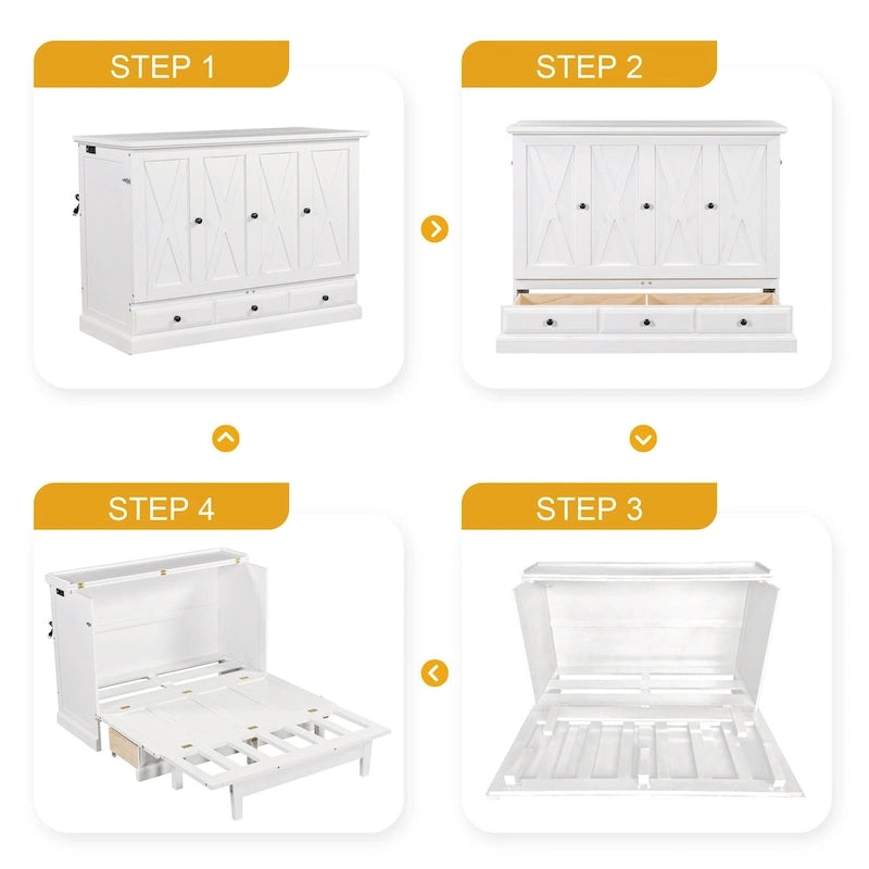 Farmhouse Murphy Bed Convertible Space-Saving Cube Chest Cabinet with Large Drawers and Charging Station, Foldable Platform Bed