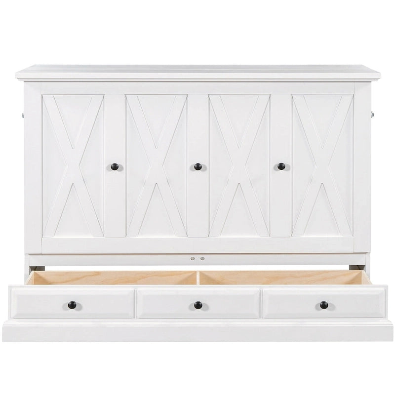 Farmhouse Murphy Bed Convertible Space-Saving Cube Chest Cabinet with Large Drawers and Charging Station, Foldable Platform Bed