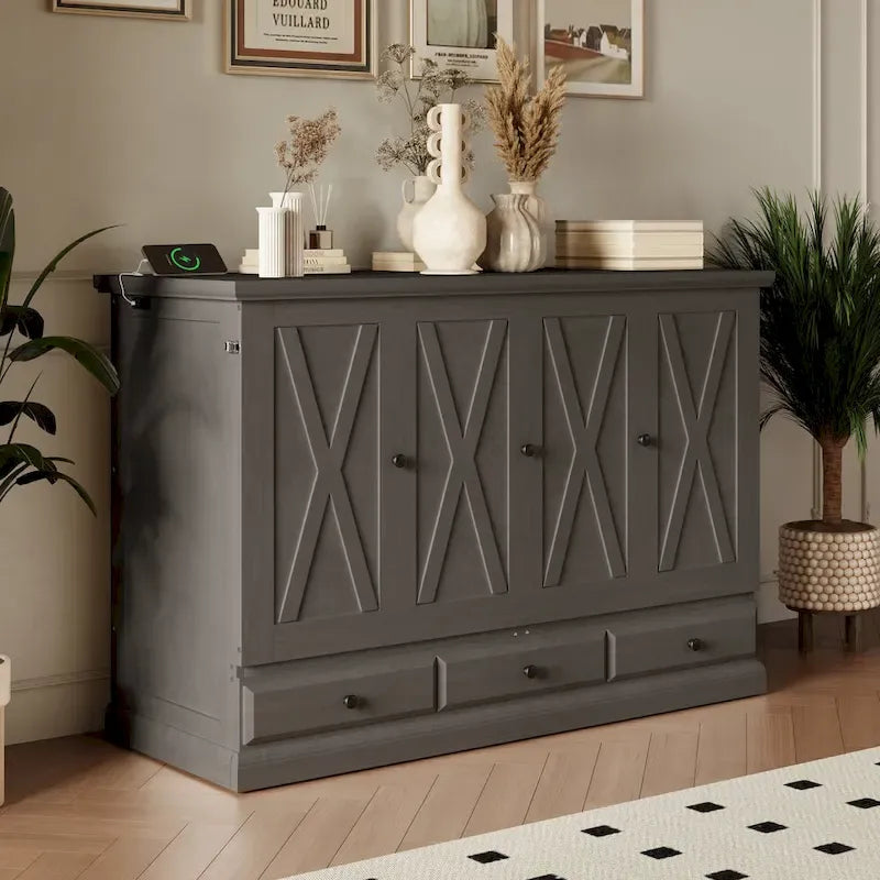 Farmhouse Murphy Bed Convertible Space-Saving Cube Chest Cabinet with Large Drawers and Charging Station, Foldable Platform Bed