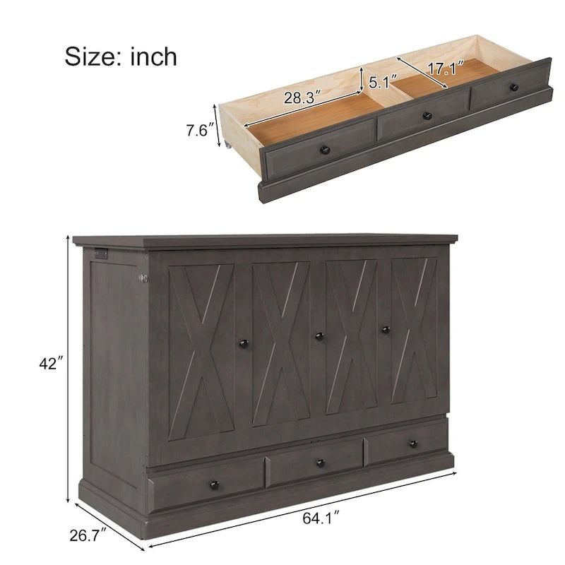 Farmhouse Murphy Bed Convertible Space-Saving Cube Chest Cabinet with Large Drawers and Charging Station, Foldable Platform Bed