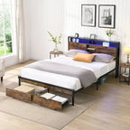 King Size Modern Metal Platform Bed with Wooden Headboard,2 Drawers and LED Lights