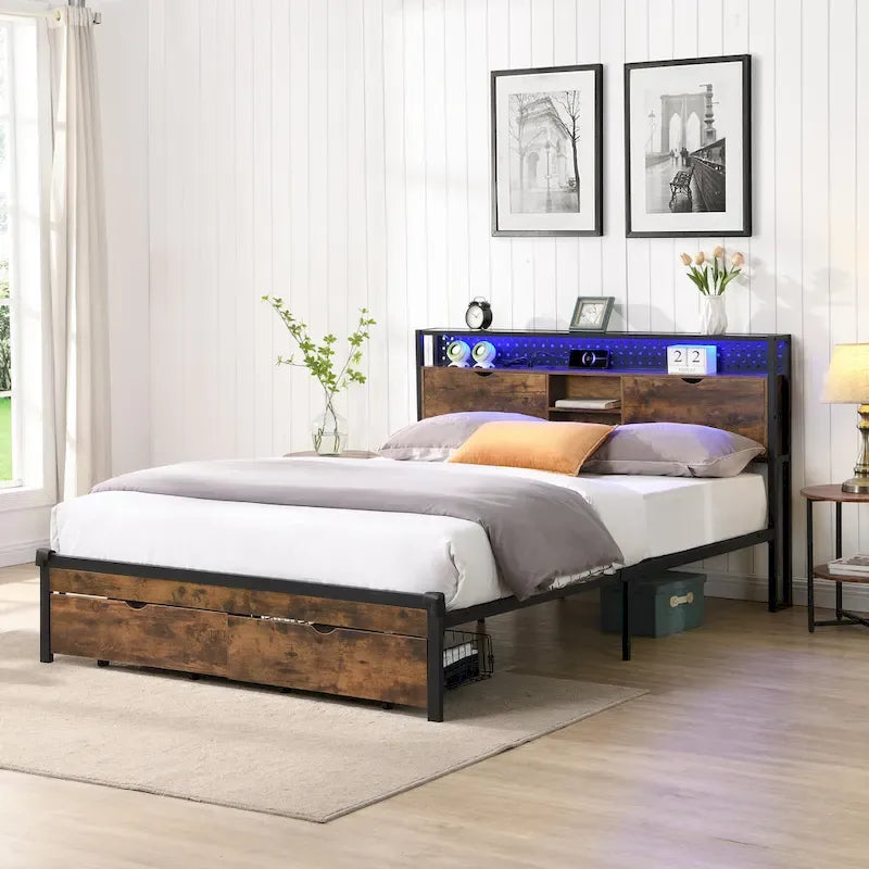 King Size Modern Metal Platform Bed with Wooden Headboard,2 Drawers and LED Lights