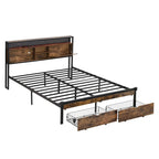 King Size Modern Metal Platform Bed with Wooden Headboard,2 Drawers and LED Lights