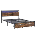 King Size Modern Metal Platform Bed with Wooden Headboard,2 Drawers and LED Lights