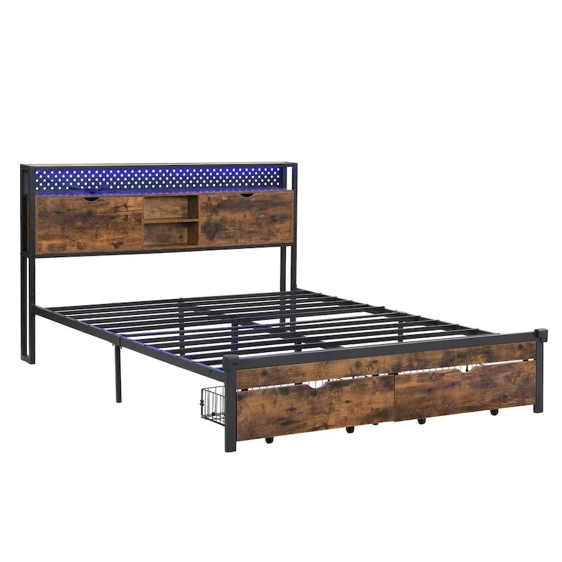 King Size Modern Metal Platform Bed with Wooden Headboard,2 Drawers and LED Lights