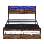 King Size Modern Metal Platform Bed with Wooden Headboard,2 Drawers and LED Lights