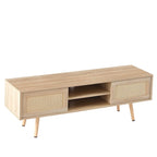55.12 TV Stand with Double Sliding Doors, Solid Wood Legs and Adjustable Shelf for Living Room