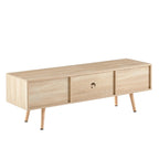 55.12 TV Stand with Double Sliding Doors, Solid Wood Legs and Adjustable Shelf for Living Room