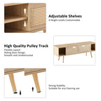 55.12 TV Stand with Double Sliding Doors, Solid Wood Legs and Adjustable Shelf for Living Room