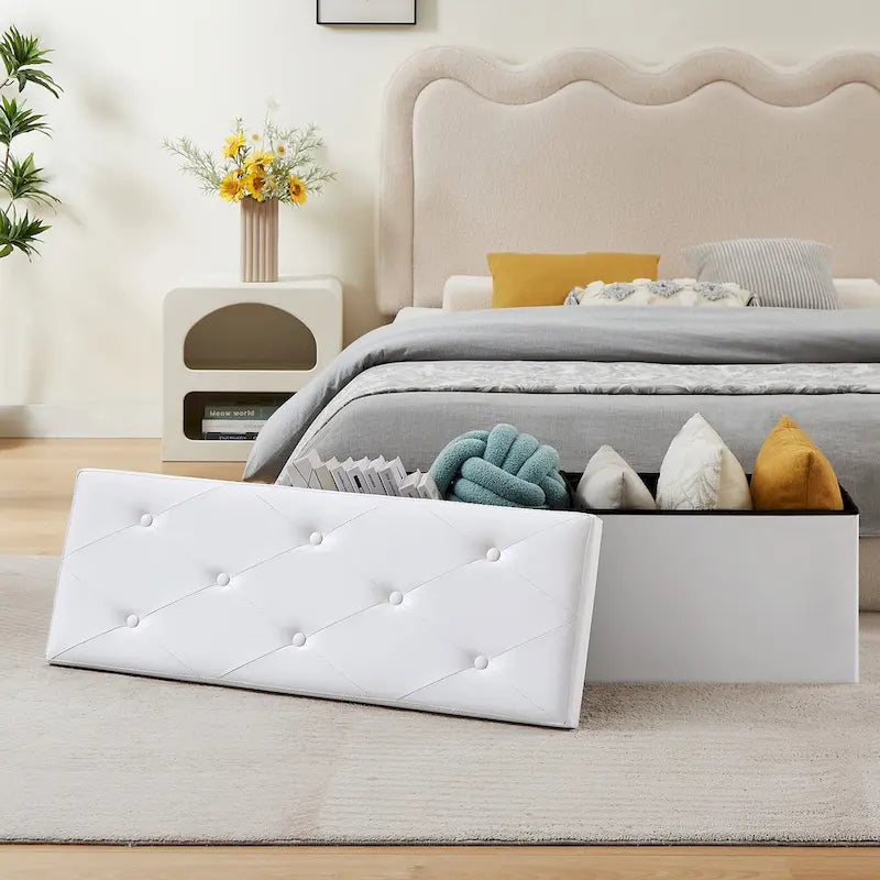 Folding Storage Ottoman, Foot Rest Stool Footstool, Leather Tufted Ottoman, Small Ottoman Cube for Living Room Bedroom Dorm