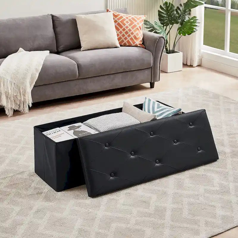 Folding Storage Ottoman, Foot Rest Stool Footstool, Leather Tufted Ottoman, Small Ottoman Cube for Living Room Bedroom Dorm
