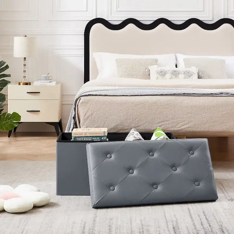 Folding Storage Ottoman, Foot Rest Stool Footstool, Leather Tufted Ottoman, Small Ottoman Cube for Living Room Bedroom Dorm