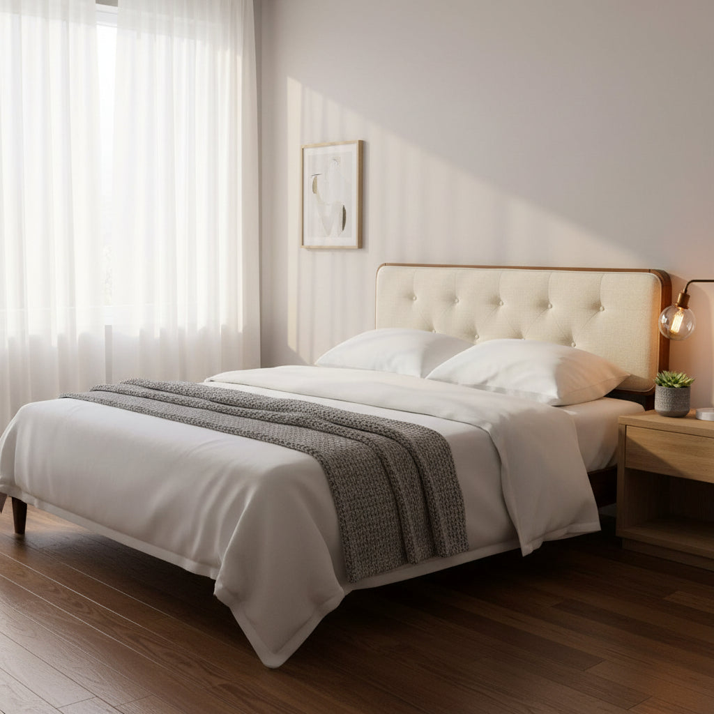 Traditional Beige Fabric Button Tufted King Walnut Wooden Headboard