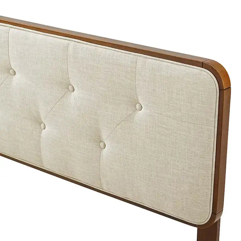 Traditional Beige Fabric Button Tufted King Walnut Wooden Headboard