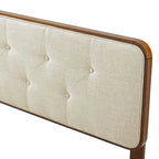 Traditional Beige Fabric Button Tufted King Walnut Wooden Headboard