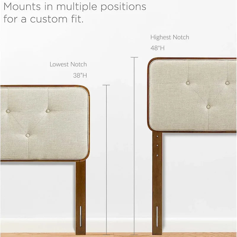 Traditional Beige Fabric Button Tufted King Walnut Wooden Headboard