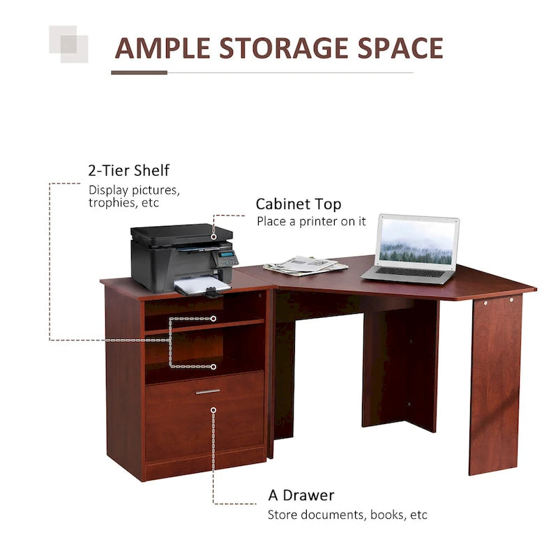 Computer Desk with Printer Cabinet, L-Shaped Corner Desk with Storage, Study PC Workstation for Home Office