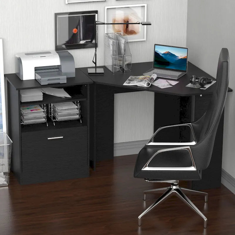 Computer Desk with Printer Cabinet, L-Shaped Corner Desk with Storage, Study PC Workstation for Home Office