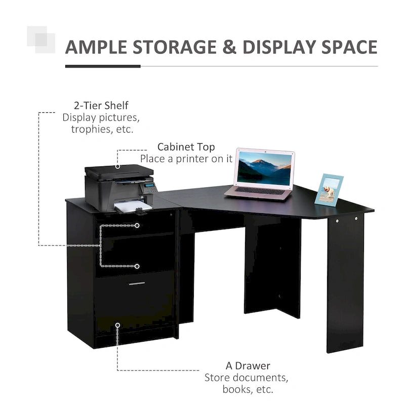 Computer Desk with Printer Cabinet, L-Shaped Corner Desk with Storage, Study PC Workstation for Home Office