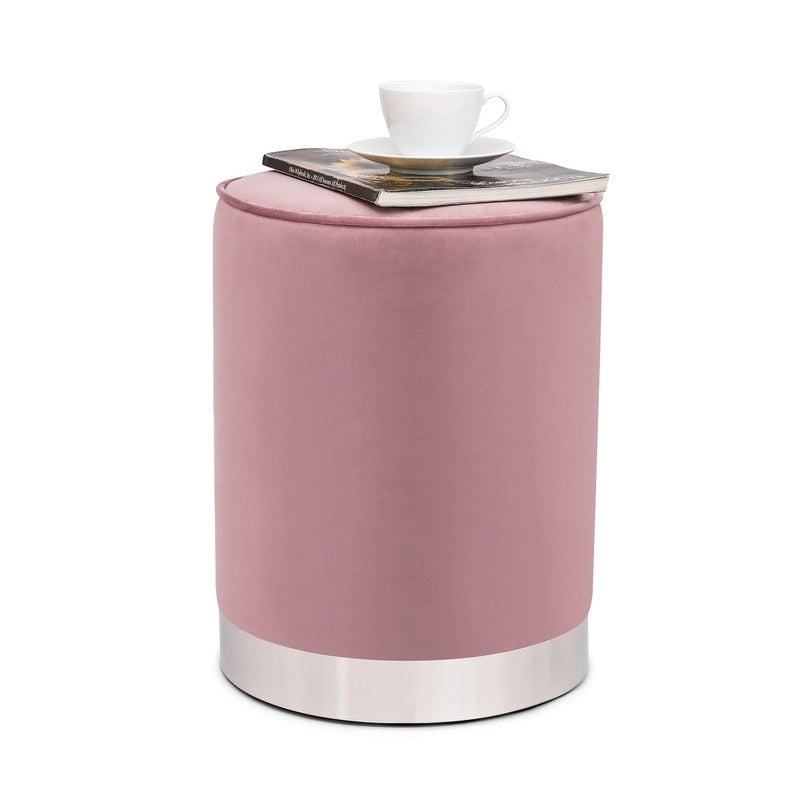 Vanity Upholstered Round Velvet Ottoman Footstool Silver Trim