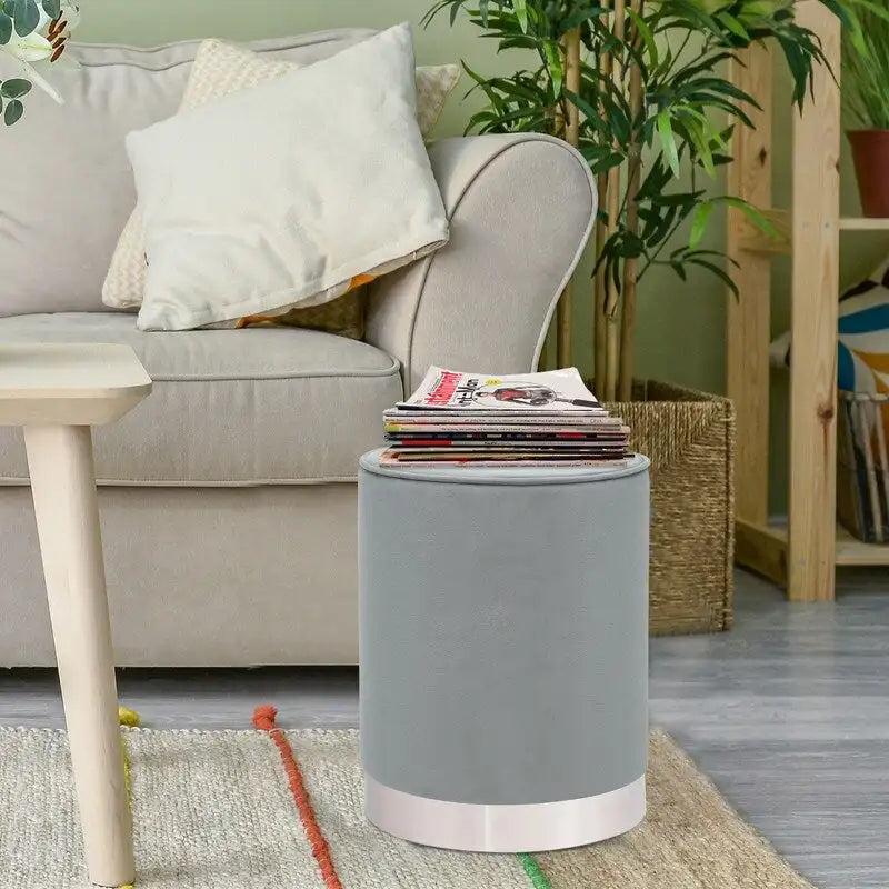 Vanity Upholstered Round Velvet Ottoman Footstool Silver Trim