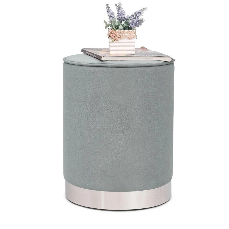 Vanity Upholstered Round Velvet Ottoman Footstool Silver Trim