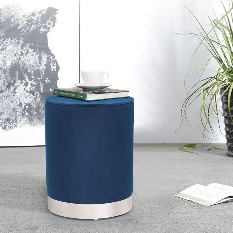 Vanity Upholstered Round Velvet Ottoman Footstool Silver Trim