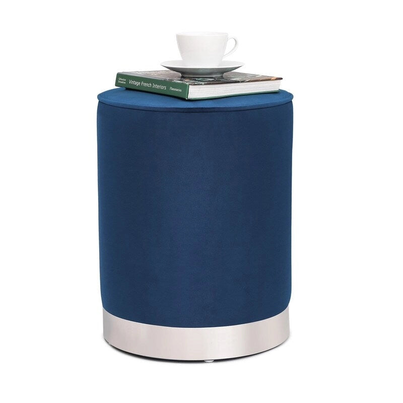 Vanity Upholstered Round Velvet Ottoman Footstool Silver Trim