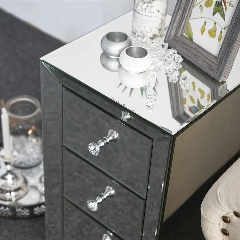 Mirrored Glass Nightstand with Three Drawers