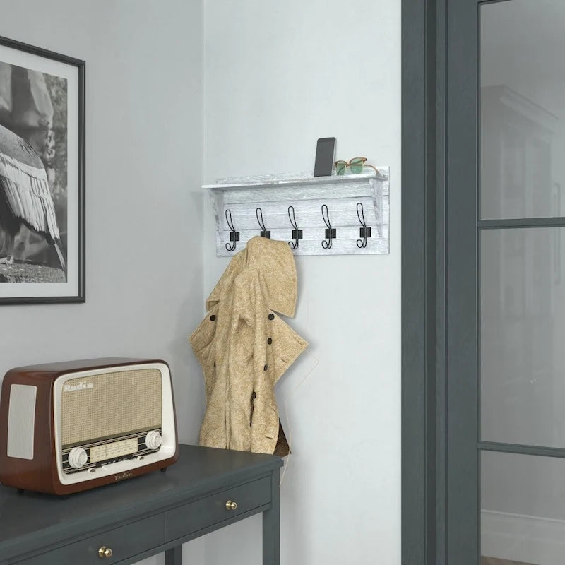 Wall Mounted Storage Rack with Upper Shelf and Storage Hooks