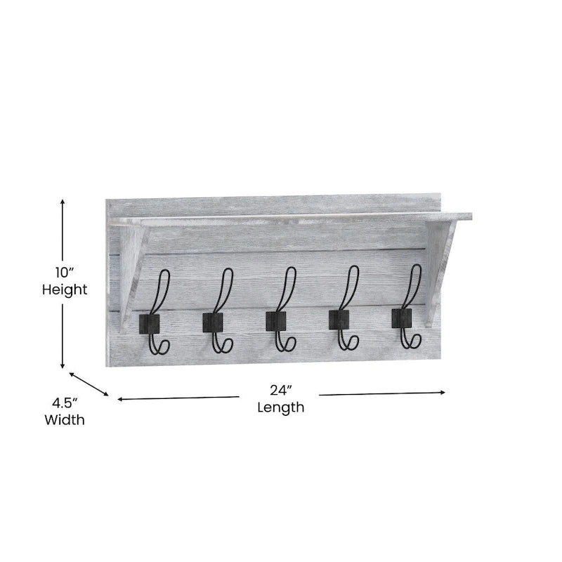 Wall Mounted Storage Rack with Upper Shelf and Storage Hooks