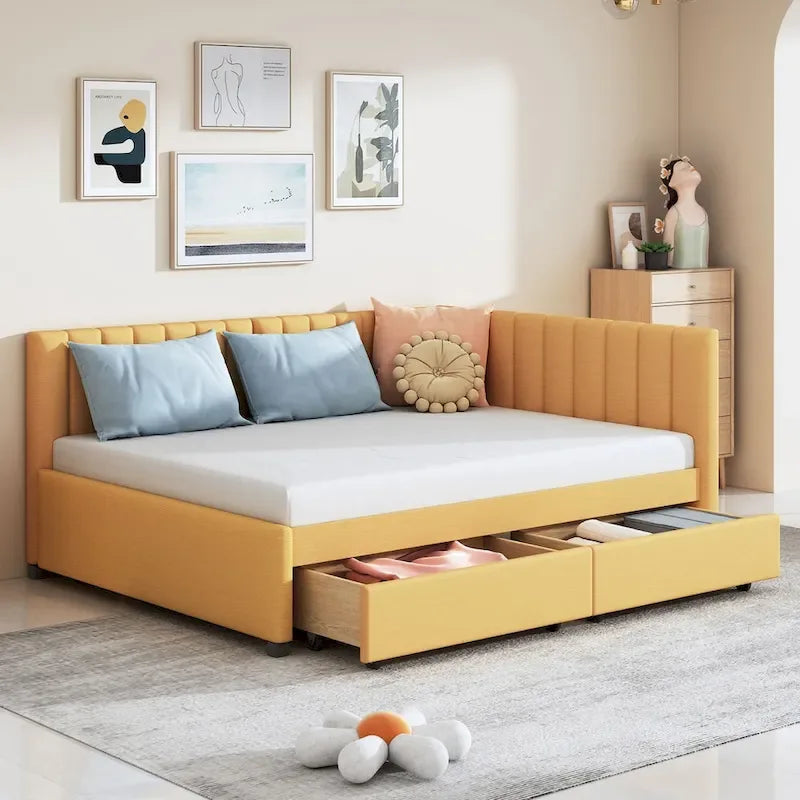 Full Size Upholstered Daybed with 2 Storage Drawers Sofa Bed Frame