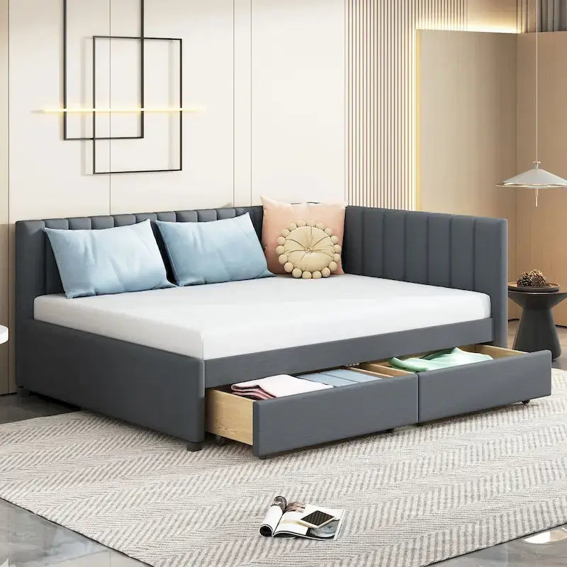 Full Size Upholstered Daybed with 2 Storage Drawers Sofa Bed Frame