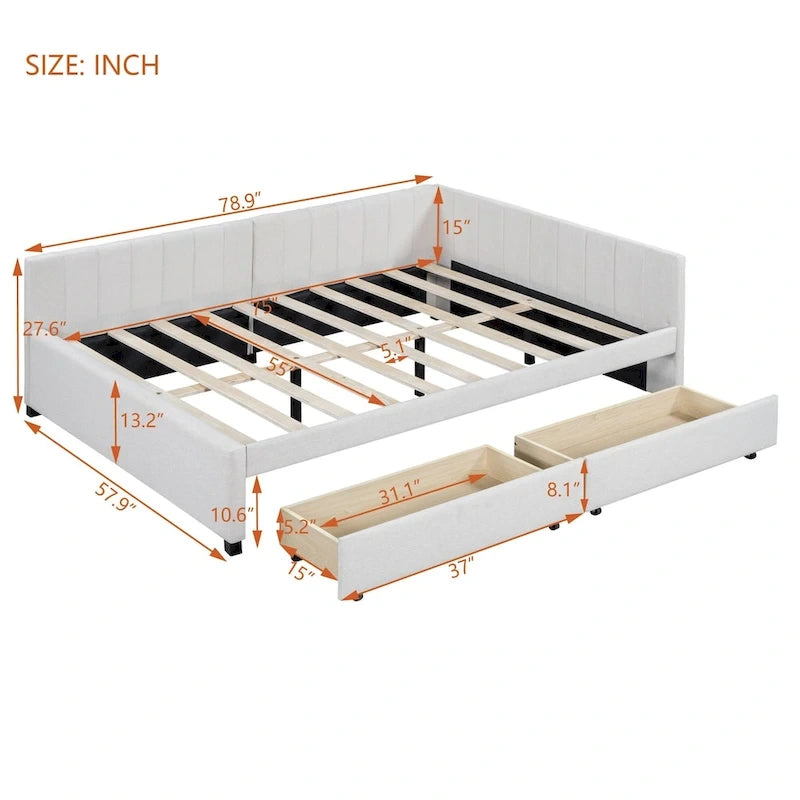 Full Size Upholstered Daybed with 2 Storage Drawers Sofa Bed Frame