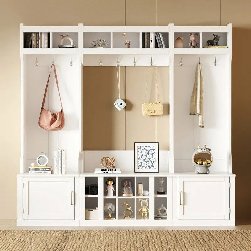 4-IN-1 Multi-functional Hall Tree Entryway Bench with Coat Rack and Shoe Cubbies