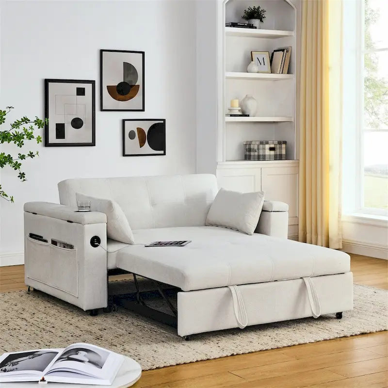 Pull-Out Sleeper Sofa Bed with Adjustable Backrest and USB Port