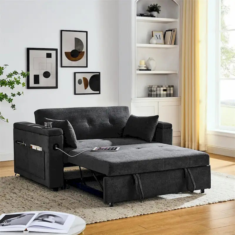 Pull-Out Sleeper Sofa Bed with Adjustable Backrest and USB Port