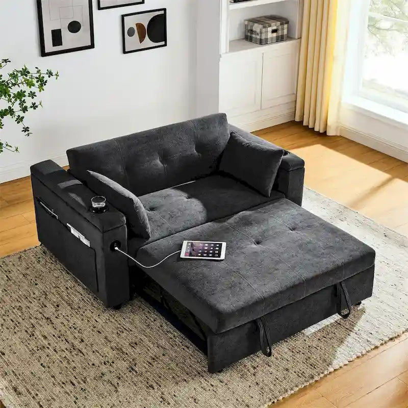 Pull-Out Sleeper Sofa Bed with Adjustable Backrest and USB Port
