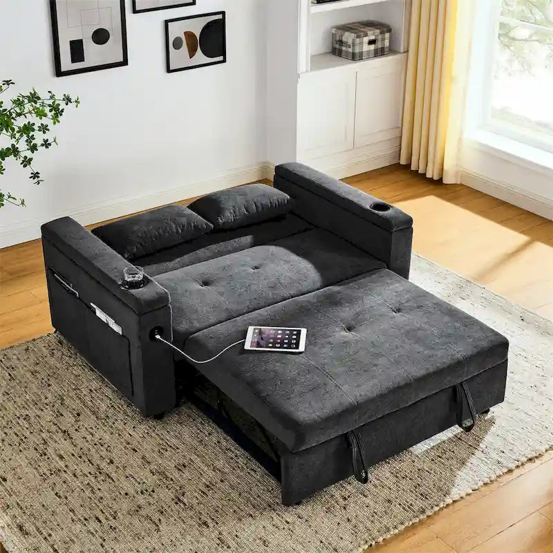 Pull-Out Sleeper Sofa Bed with Adjustable Backrest and USB Port