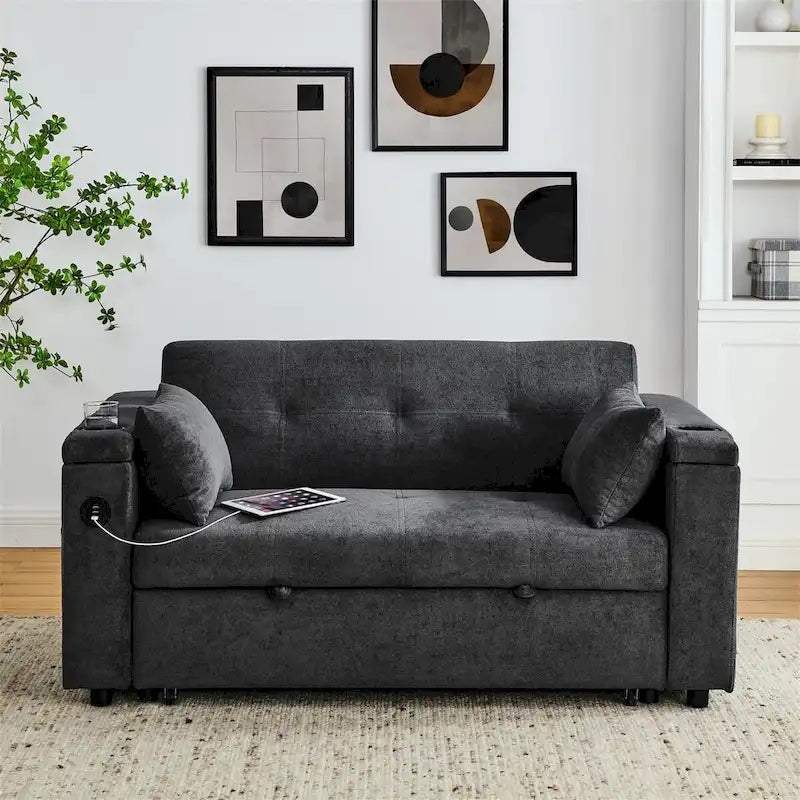 Pull-Out Sleeper Sofa Bed with Adjustable Backrest and USB Port