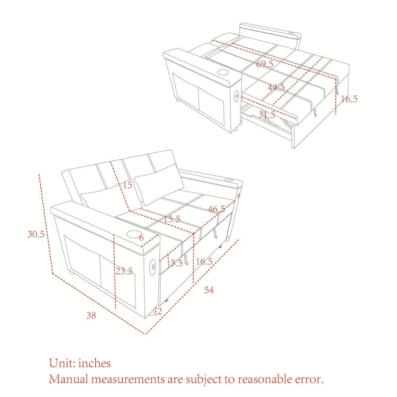 Pull-Out Sleeper Sofa Bed with Adjustable Backrest and USB Port