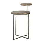29 Inch Modern Round Accent Table, 2 Tier Brown Wood Tops, Gray Metal Base